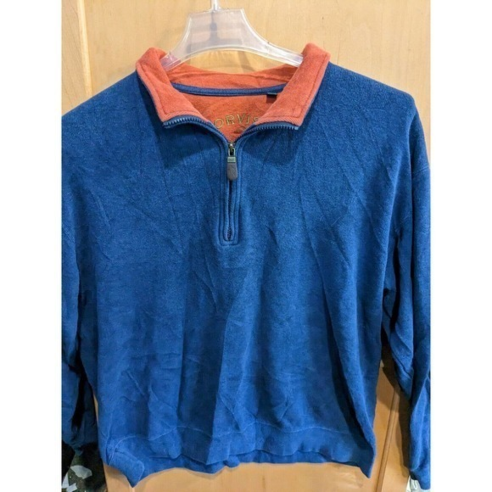 Orvis Mens 1/4 Button‎ Pullover Casual Blue /Orange Sweatshirt Sz L cotton